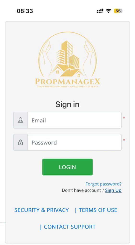 PropManageX Login Screen